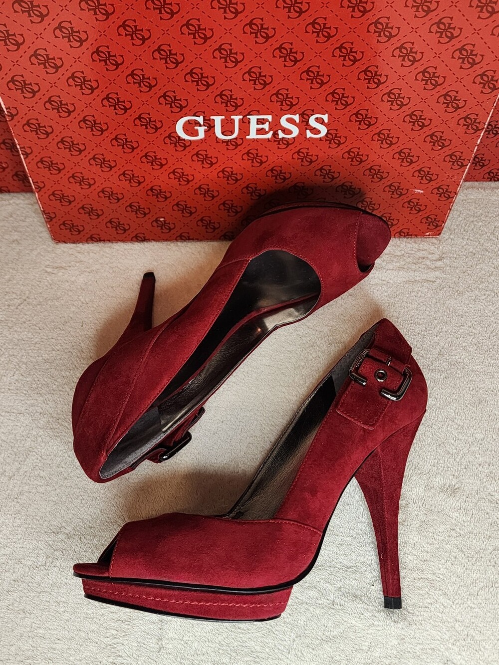 GUESS Women's Red Suede Peep-Toe Platform Pumps